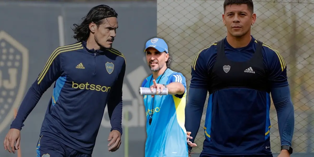 Diego MArtínez con Edinson Cavani y Marcos Rojo.