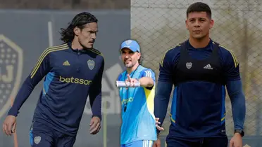 Diego MArtínez con Edinson Cavani y Marcos Rojo.